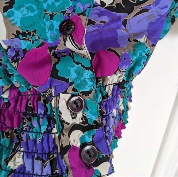VINTAGE 90s floral blouse turquoise purple button up shirt Medium @L - Picture 2 of 9